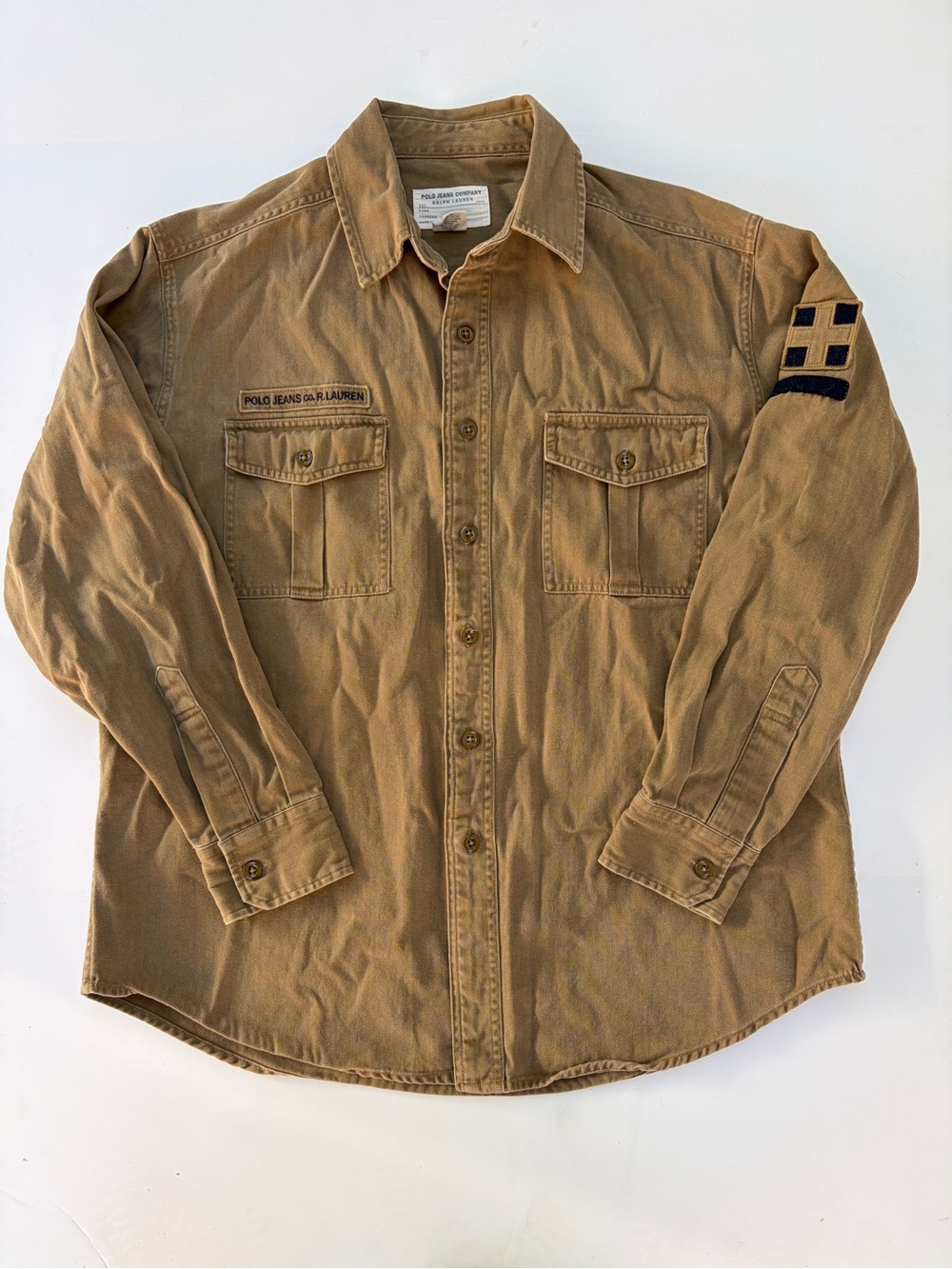 Vintage Polo Jeans Co Ralph Lauren Military Tan Cotton Work Shirt Mens Size M